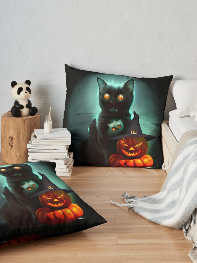 Alternate view of Vampire Cat and Wizard Pumpkin Halloween Surreal Art Floor Pillow