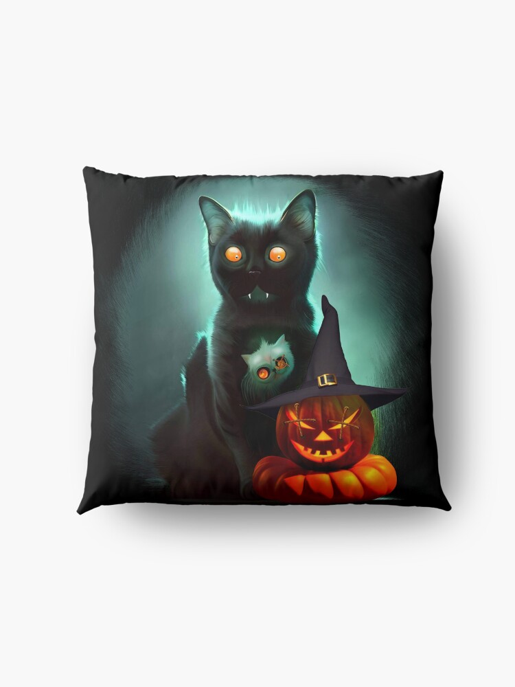 Alternate view of Vampire Cat and Wizard Pumpkin Halloween Surreal Art Floor Pillow