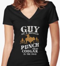 Guy On A Buffalo Punch That Cougar In The Face Women's Fitted V-Neck T-Shirt