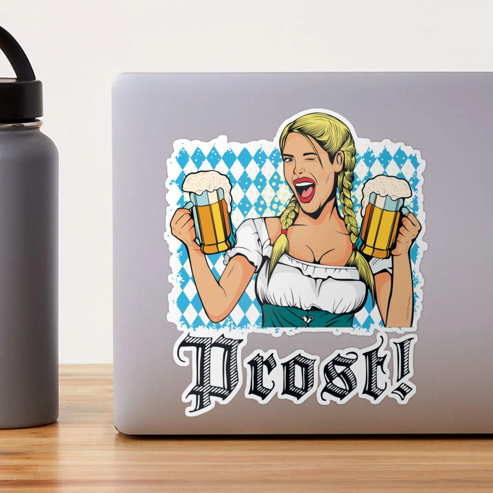 Oktoberfest German Beer Bavarian Girl Drinking Prost Sticker by fezztee