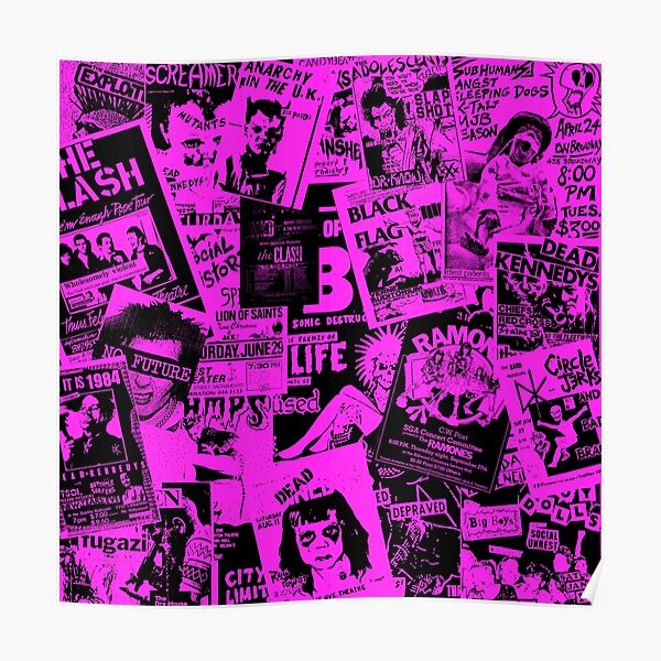 "Punk Rock Bands Flyers Collage Fuchsia Pink" Poster for Sale by