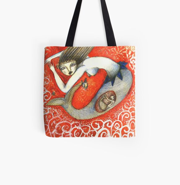 Sirena en Rojo Bolsa estampada de tela