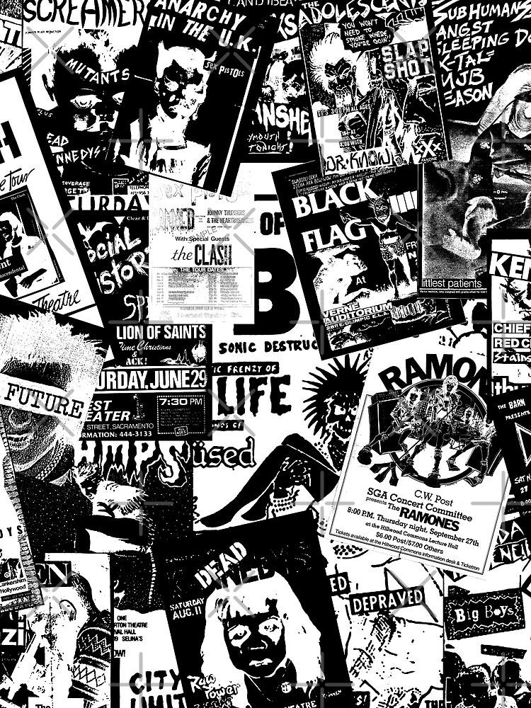 Punk Rock Bands Flyers Collage Black and White Inverted | Graphic T-Shirt