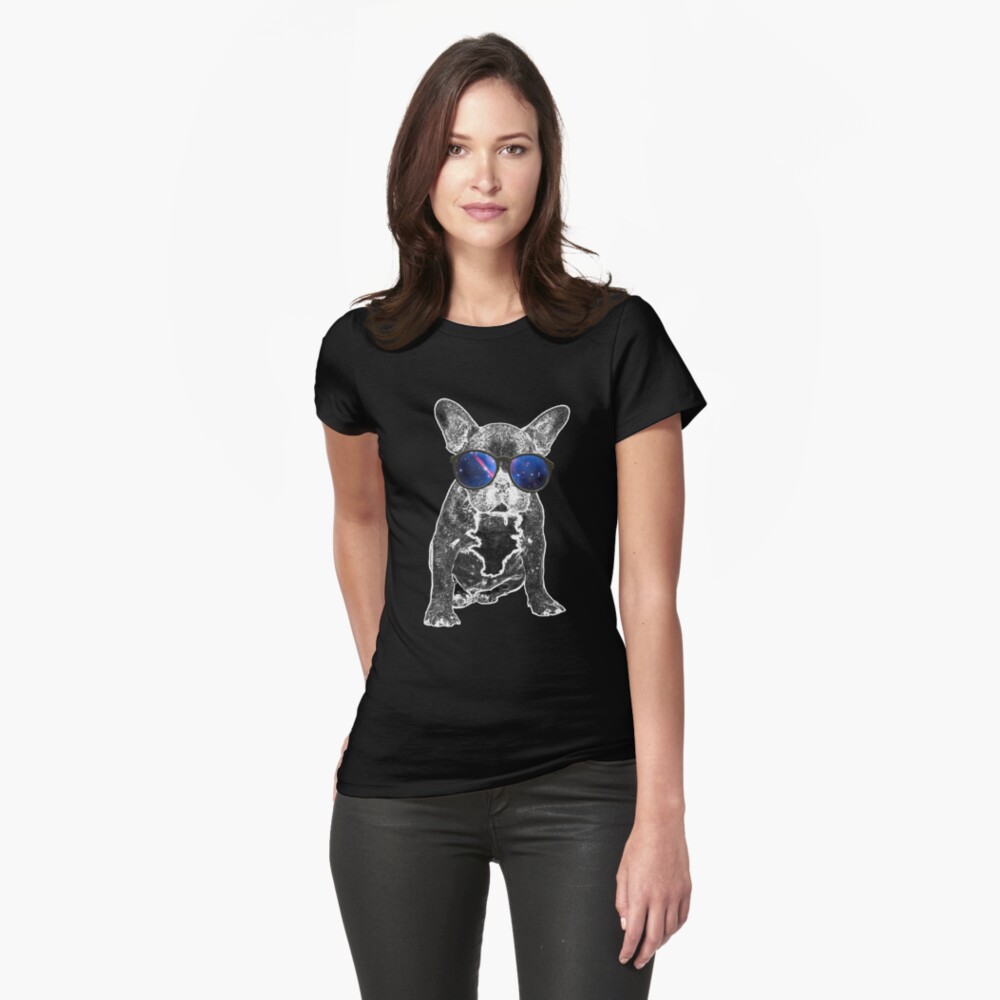 Dog Love > French Bulldog Wearing Nerdy Sunglasses + Galaxy > Cool Dog Fitted T-Shirt