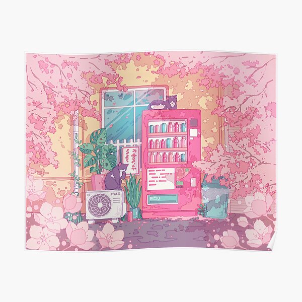 Les chats errants, machine à coudre et fleur de cerisier rose Poster