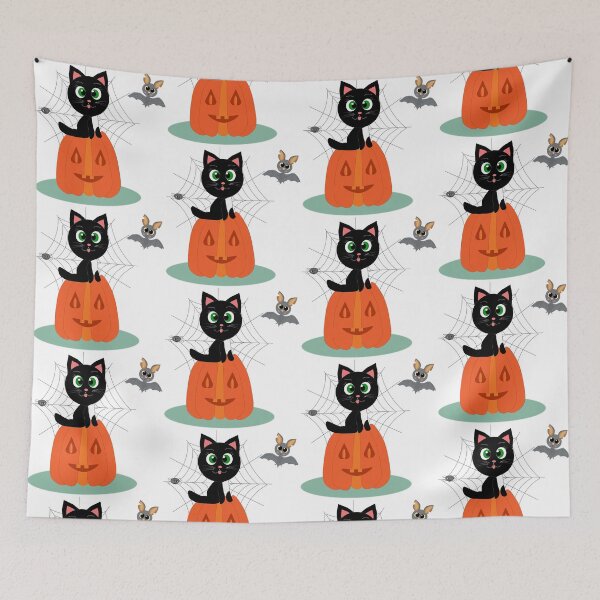 Item preview, Lack cat in a Halloween pumpkin and bat designed and sold by Ingahaliullina.