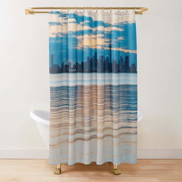 Orange and Teal Toronto Skyline Over Water Shower Curtain