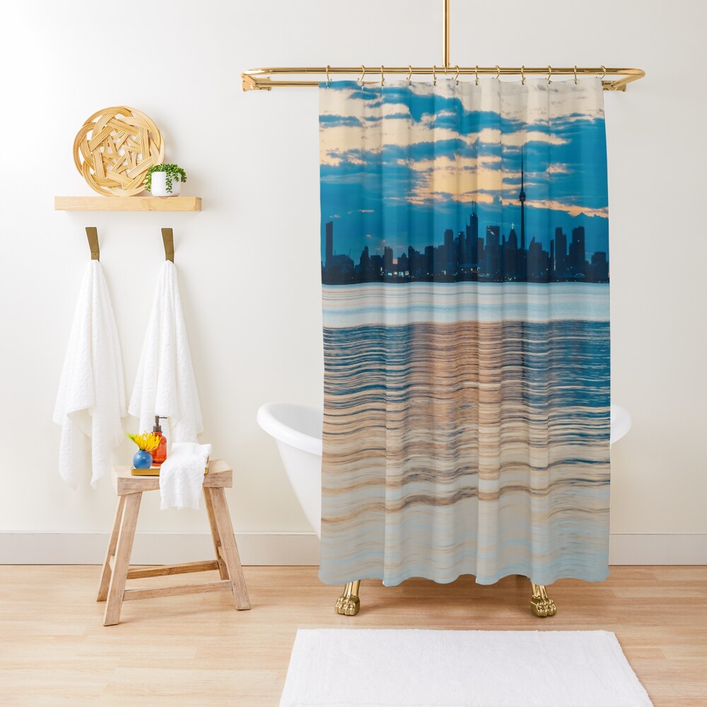 Orange And Teal Toronto Skyline Over Water Shower Curtain By   Ur,shower Curtain Closed Context,square,1000x1000.1u7 