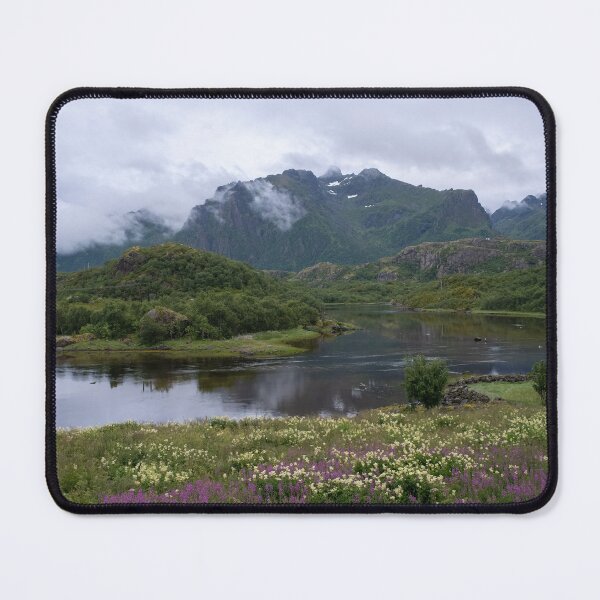 Item preview, Wonderful landscapes in Norway. Nordland. Beautiful scenery of a coastline at Fiskebol, Lofoten Islands. Rippled sea in a cloudy summer day. Seagulls, pink flowers and snowed mountains designed and sold by Maurizio Fabbroni.