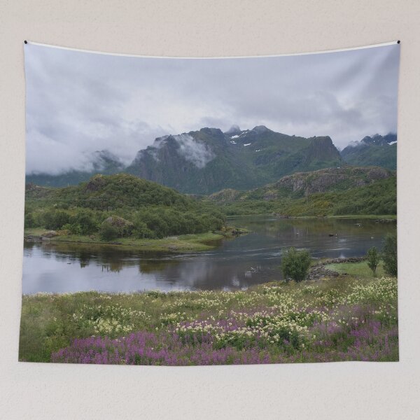 Item preview, Wonderful landscapes in Norway. Nordland. Beautiful scenery of a coastline at Fiskebol, Lofoten Islands. Rippled sea in a cloudy summer day. Seagulls, pink flowers and snowed mountains designed and sold by Maurizio Fabbroni.