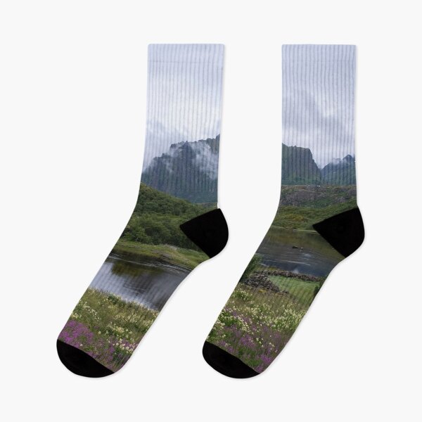 Item preview, Wonderful landscapes in Norway. Nordland. Beautiful scenery of a coastline at Fiskebol, Lofoten Islands. Rippled sea in a cloudy summer day. Seagulls, pink flowers and snowed mountains  designed and sold by Maurizio Fabbroni.