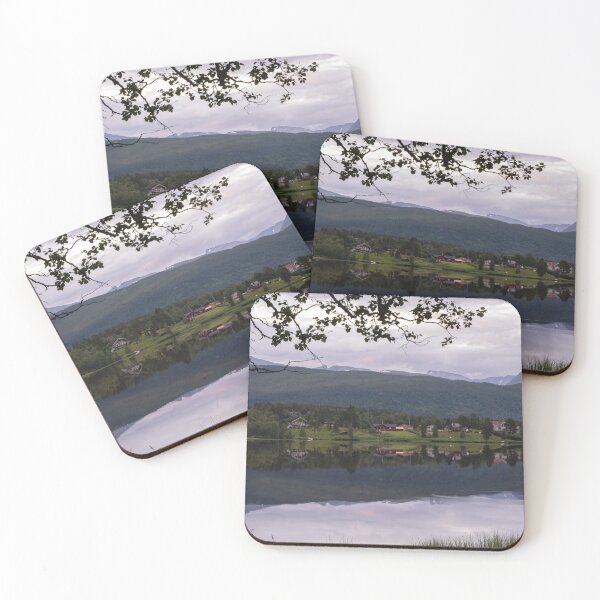 Item preview, Wonderful landscapes in Norway. Nordland. Beautiful scenery of a valley with houses on the hill. Mirror in the lake. Calm water in a cloudy summer day. Snowed mountains in background. designed and sold by Maurizio Fabbroni.