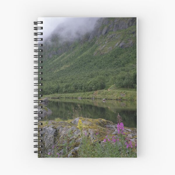 Item preview, Wonderful landscapes in Norway. Senja, Nordland. Beautiful scenery of a valley with lupine flowers on the rocks. Mirror in the lake. Cloudy summer day. Fog and mountains in background (vertical) designed and sold by Maurizio Fabbroni.