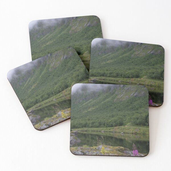 Item preview, Wonderful landscapes in Norway. Senja, Nordland. Beautiful scenery of a valley with lupine flowers on the rocks. Mirror in the lake. Cloudy summer day. Fog and mountains in background (vertical) designed and sold by Maurizio Fabbroni.