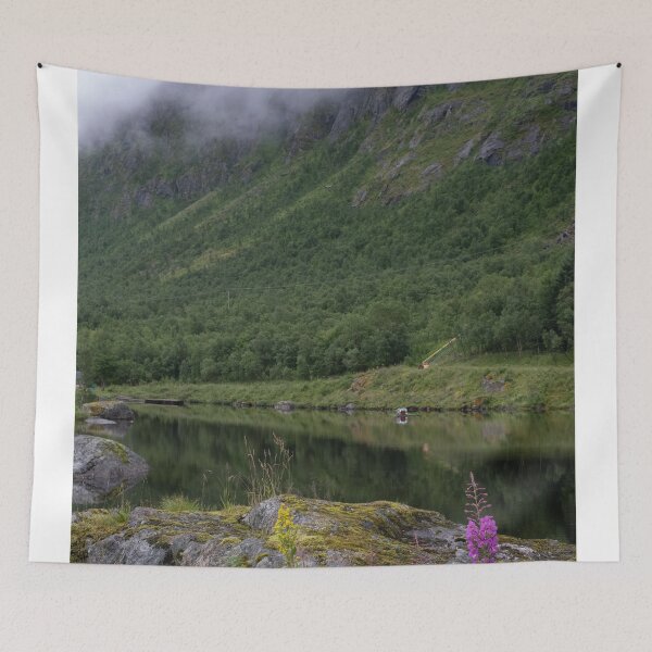 Item preview, Wonderful landscapes in Norway. Senja, Nordland. Beautiful scenery of a valley with lupine flowers on the rocks. Mirror in the lake. Cloudy summer day. Fog and mountains in background (vertical) designed and sold by Maurizio Fabbroni.