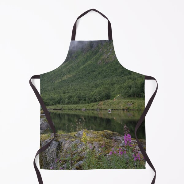 Item preview, Wonderful landscapes in Norway. Senja, Nordland. Beautiful scenery of a valley with lupine flowers on the rocks. Mirror in the lake. Cloudy summer day. Fog and mountains in background (vertical) designed and sold by Maurizio Fabbroni.