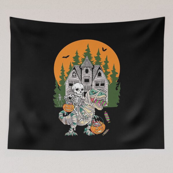 Item preview, Spooky Halloween Skeleton Riding Candy Eating Dinosaur designed and sold by ColorfulMystic.