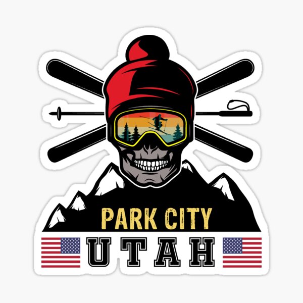"park city skiing Utah skull vintage retro sunset ski goggle" Sticker