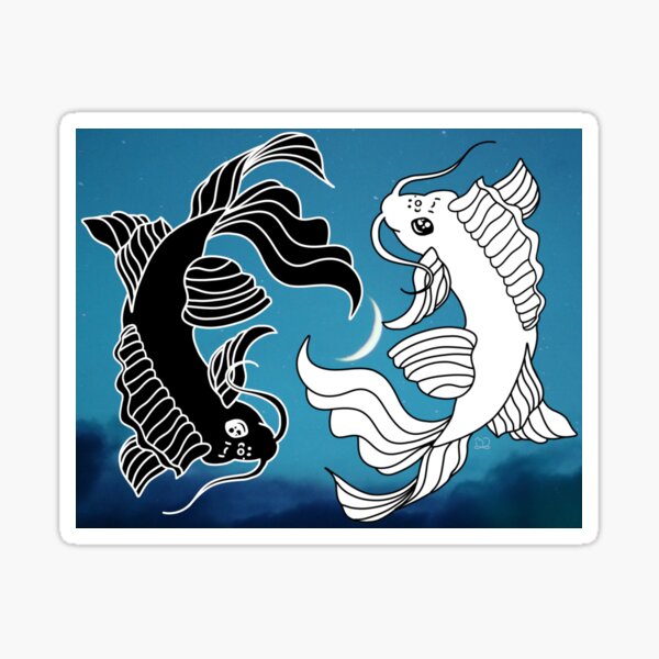 Koi Fish and Crescent Moon - Aqua Blue Night Sky - Nature Aesthetic Photography and Design Sticker
