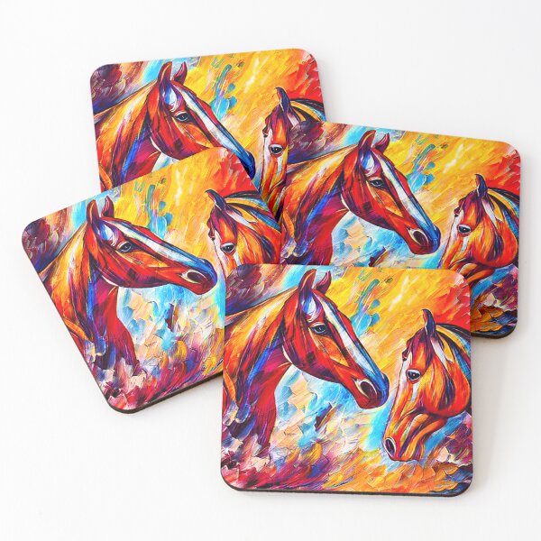 Item preview, Horses watching each other - colorful dark orange, red and cyan portrait designed and sold by NickoPrints.