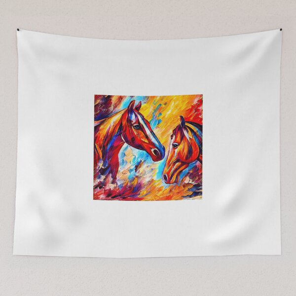 Item preview, Horses watching each other - colorful dark orange, red and cyan portrait designed and sold by NickoPrints.