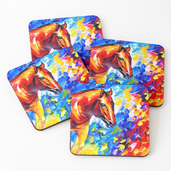 Item preview, Brown horse portrait on a colorful blue, red and yellow background designed and sold by NickoPrints.