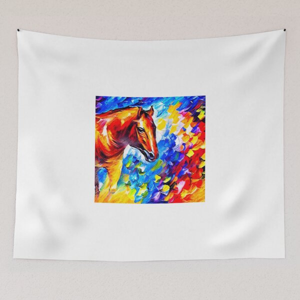 Item preview, Brown horse portrait on a colorful blue, red and yellow background designed and sold by NickoPrints.