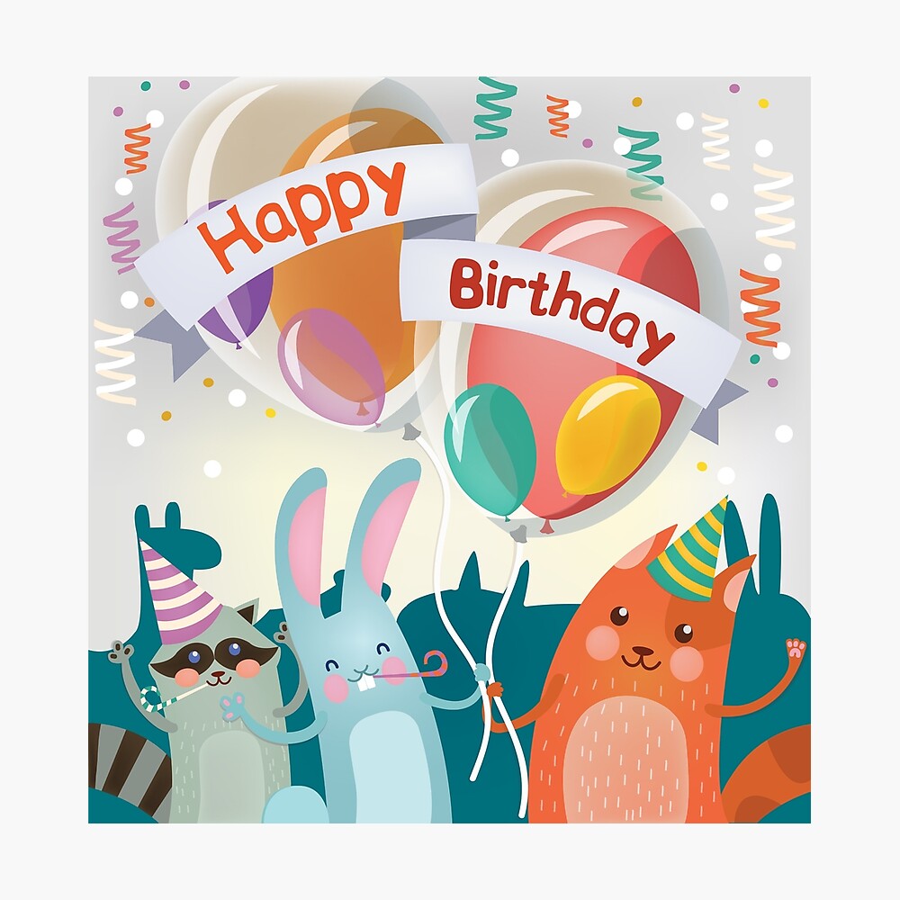 Poster Carte De Voeux Joyeux Anniversaire Avec Des Animaux Mignons Pour La Fete Des Enfants Par Ivector Redbubble