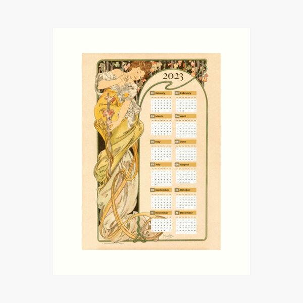 Aperçu de l'œuvre Calendrier Mucha 2023, art nouveau, Alphonse Mucha rétro, Alphonse Mucha vintage créée et vendue par IvintageArt.