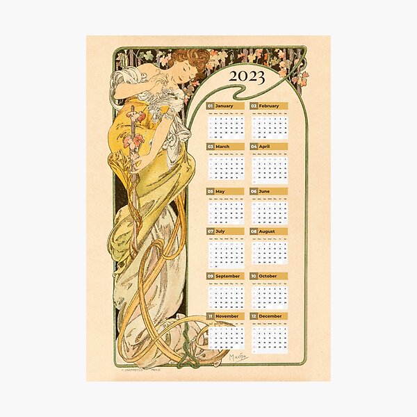Aperçu de l'œuvre Calendrier Mucha 2023, art nouveau, Alphonse Mucha rétro, Alphonse Mucha vintage créée et vendue par IvintageArt.