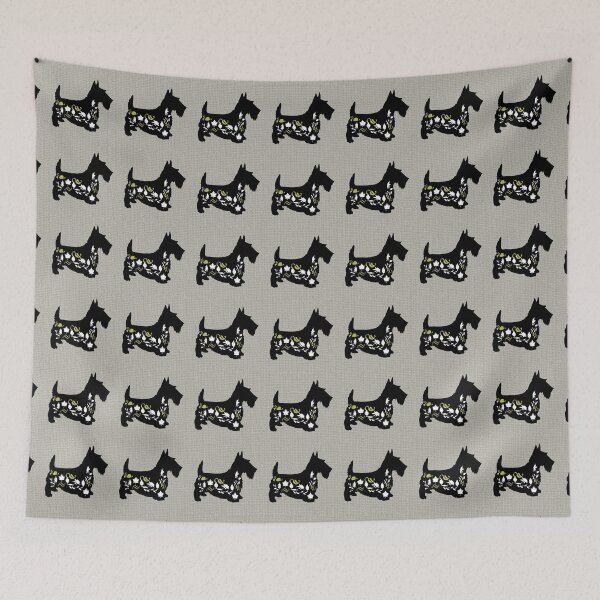 Item preview, SCOTTY DOG WITH FLOWERS IN BLACK WITH GREY TEXTURED BACKGROUND designed and sold by ozcushionstoo.
