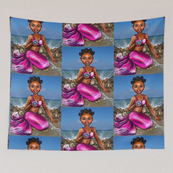 Item preview, Mermaid Anime mermaid holding a rare black pearl #2 Afro hair in Bantu knots  and caramel brown skin - light background designed and sold by Artonmytee.