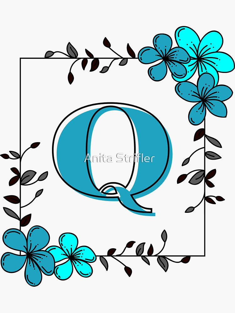 "Blue Monogram Q with Blue Floral Frame" Sticker for Sale by