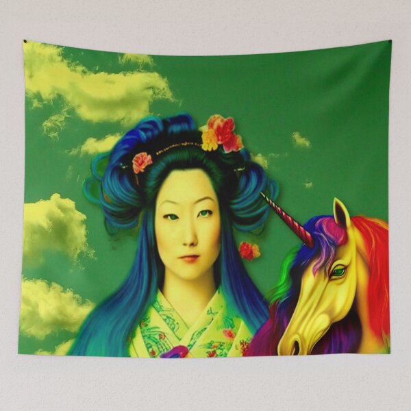Item preview, Geisha and her unicorn in a peaceful cloud landscape designed and sold by Pepita Selles.