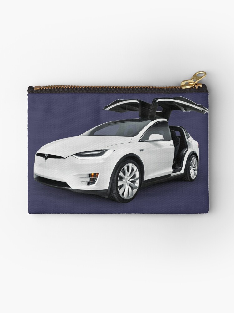 White 2017 Tesla Model X Luxury Suv Electric Car With Open Falcon Wing Doors Art Photo Print Zipper Pouch By Artnudephotos