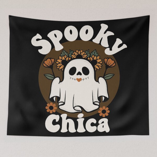 Item preview, Spooky Chica Cute and Funny Retro Ghost with Sunflowers Design - Black designed and sold by PearlMoonGrapes.