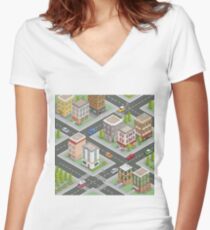 Isometric Cityscape. Isometric Buildings. Isometric Houses. Isometric City. Modern Houses. Isometric Cars. Women's Fitted V-Neck T-Shirt