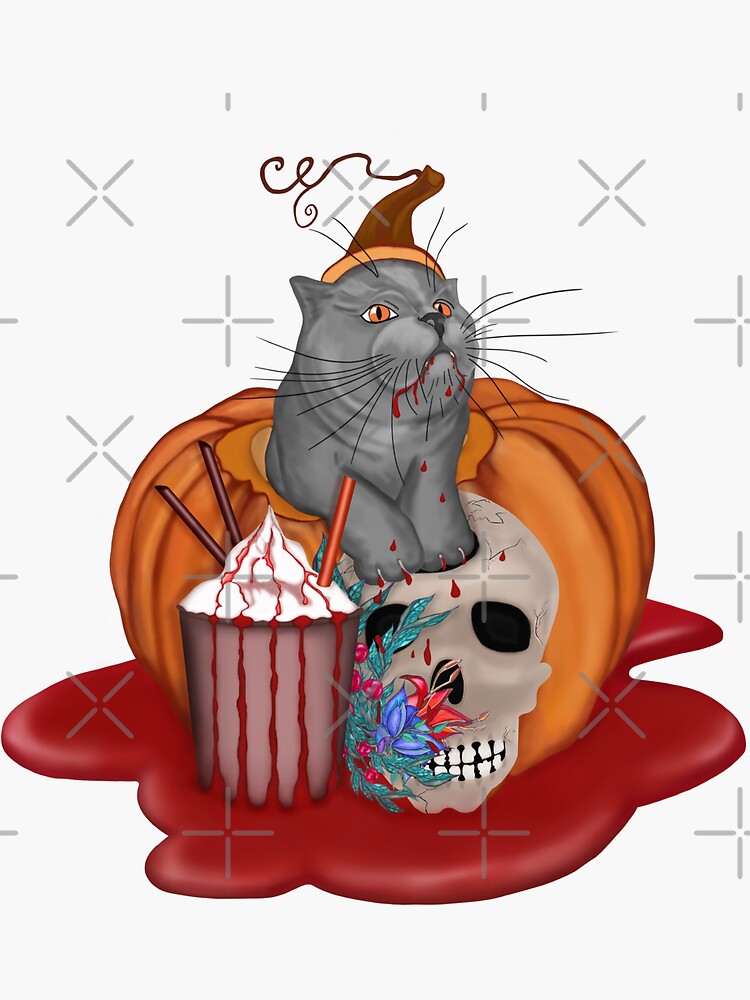 "Halloween cat, skull, pumpkin and bloody cocktail" Sticker for Sale by