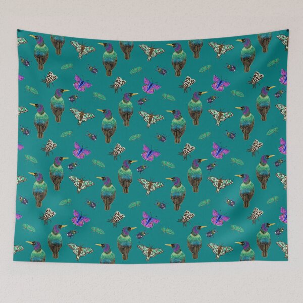 Item preview, Starling sparkle. Starlings, beetles, butterflies and moths, teal background designed and sold by Naty Design Prague.