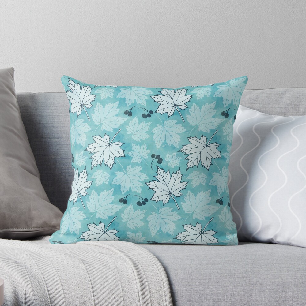 Autumn leaves in turquoise and white Throw Pillow