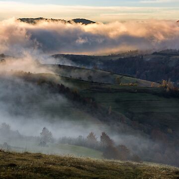 Artwork thumbnail, thick fog on hills in countryside at sunrise by mike-pellinni