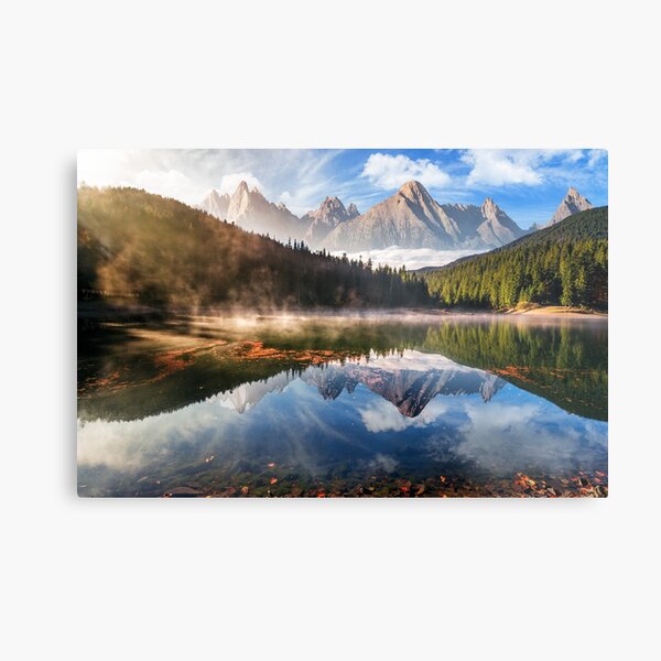 gorgeous mountain lake in autumn fog Metal Print
