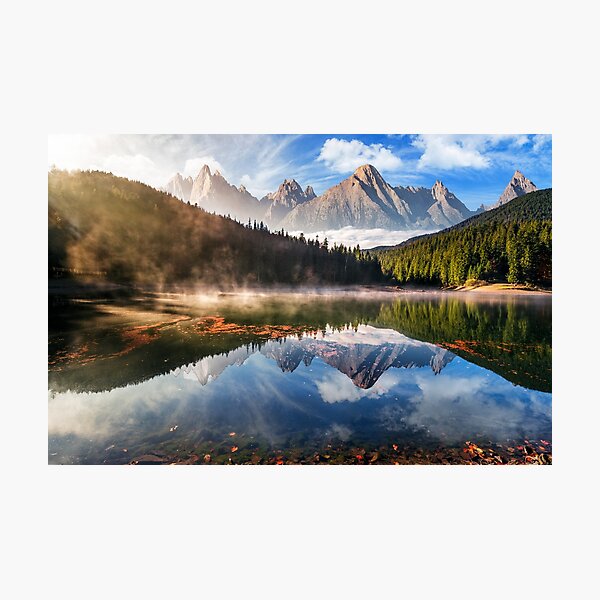 gorgeous mountain lake in autumn fog Photographic Print