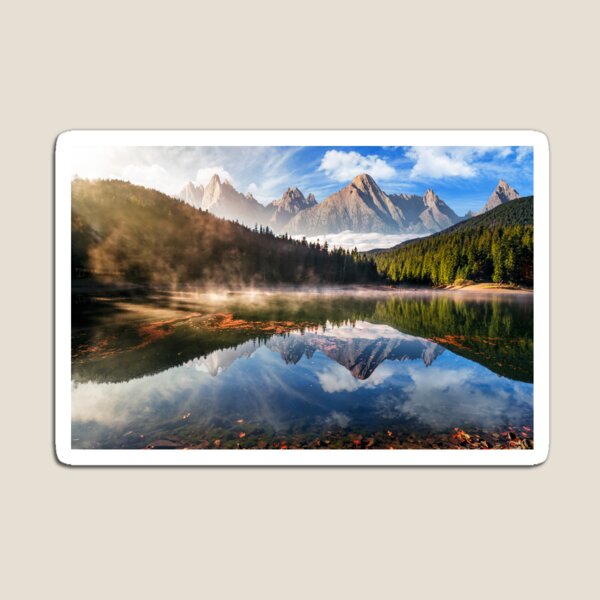 gorgeous mountain lake in autumn fog Magnet