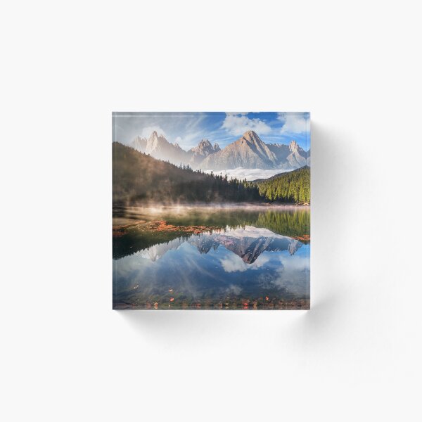 gorgeous mountain lake in autumn fog Acrylic Block