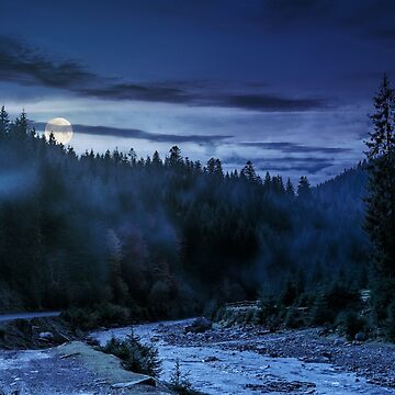 Artwork thumbnail, valley with river in foggy forest at night by mike-pellinni