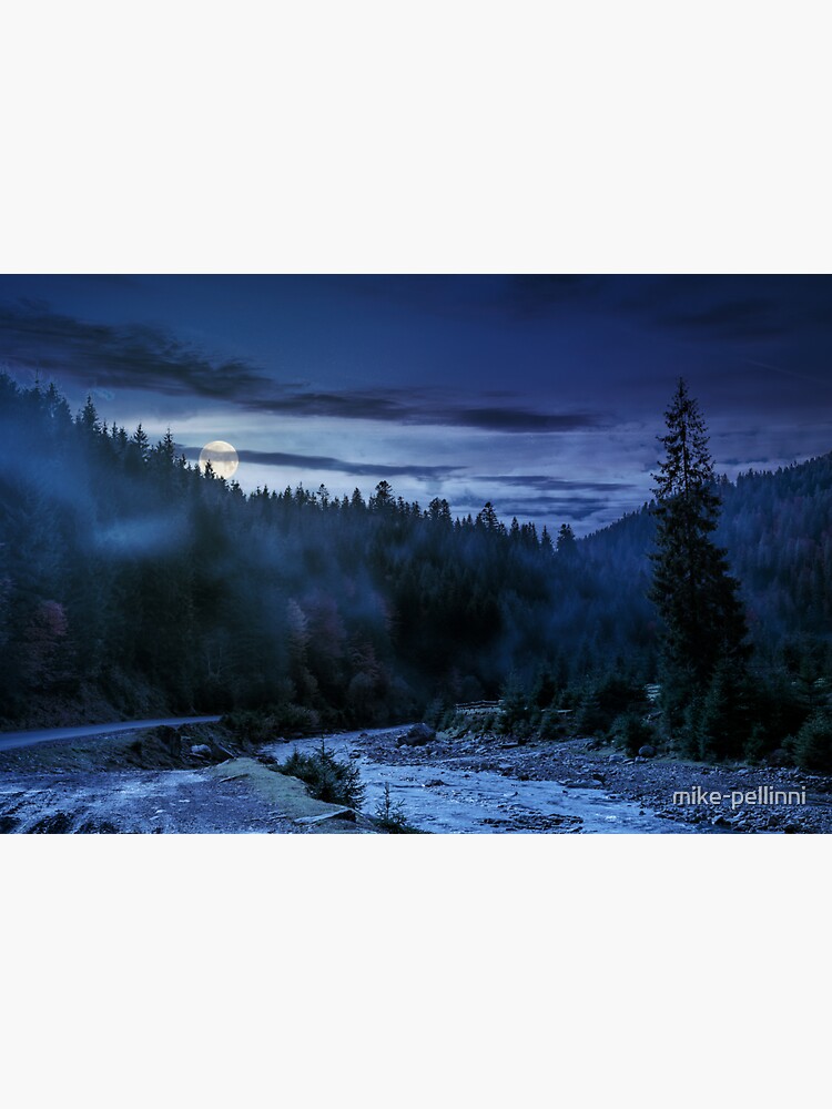 Thumbnail 3 of 3, Sticker, valley with river in foggy forest at night designed and sold by mike-pellinni.