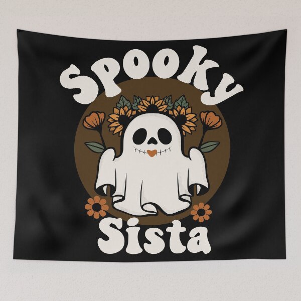 Item preview, Spooky Sista Cute and Funny Retro Ghost with Sunflowers Design - Black designed and sold by PearlMoonGrapes.
