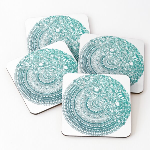 50Floral Mandala | Teal Winter by SimmyGhatt Coasters (Set of 4)