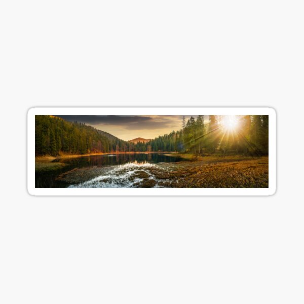 crystal clear lake near the pine forest in mountains at sunset Sticker